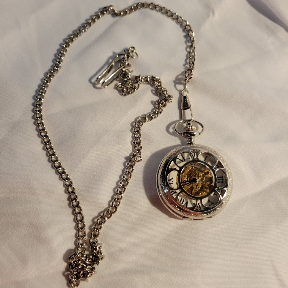 Elegant Silver and Gold Pocket Watch Necklace